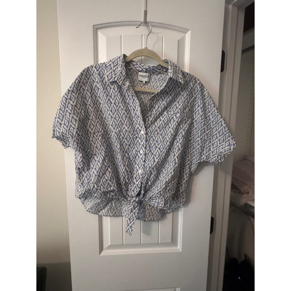FRNCH Blue & White Tie-Front Patterned Button-Up Blouse